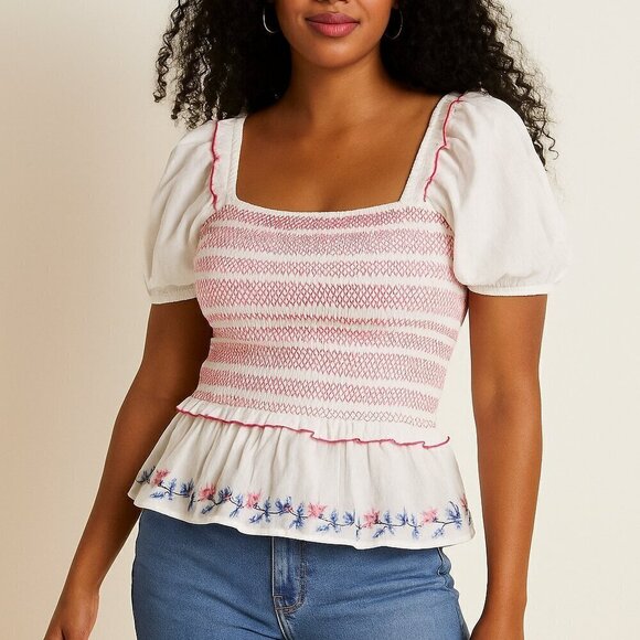 Draper James Tops - Draper James Smocked Peplum Top Puff Sleeve Embroidered Cottagecore XS